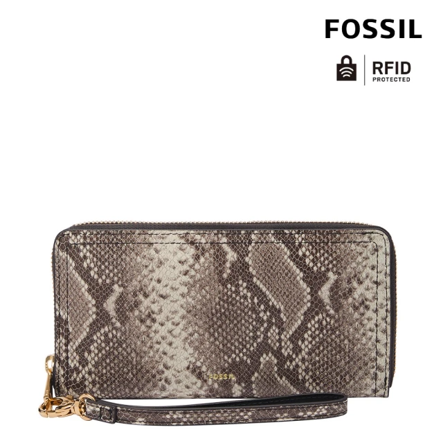 【FOSSIL】Logan 多層真皮拉鍊RFID防盜長夾-米棕蛇紋 SL8266874