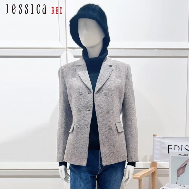 【Jessica Red】復古百搭雙排釦人字紋羊毛西裝外套824504