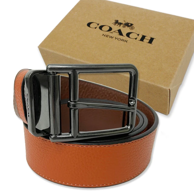 COACH PVC Logo方框字牌穿扣式女用皮帶(深咖黑邊