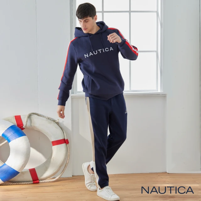 【NAUTICA】男裝 時尚修身拼接刷毛運動長褲(深藍色)