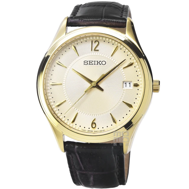 【SEIKO 精工】精工藍寶石時尚皮帶男錶-白面金框(SUR472P1)