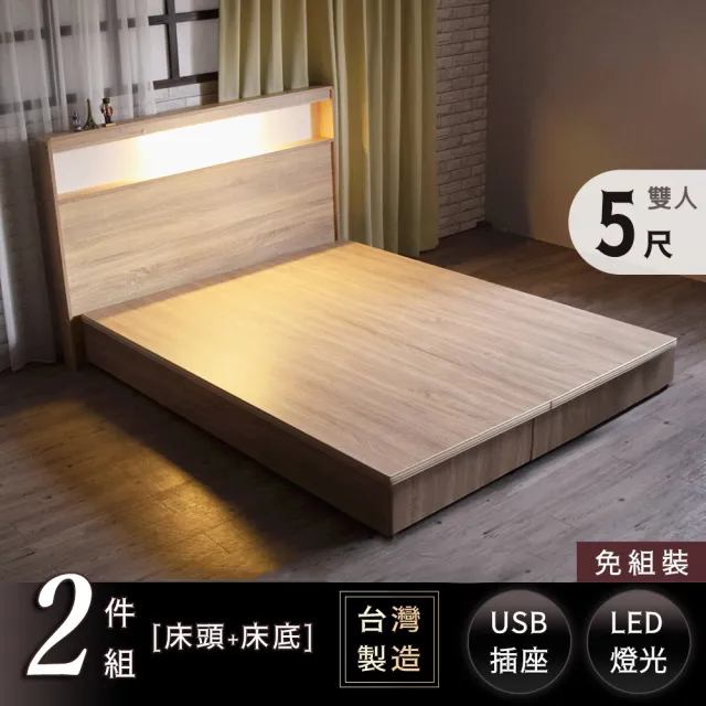 【IHouse】山田日式附插座燈光雙人5尺房間組(床頭+床底