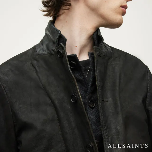 ALLSAINTS】SURVEY 皮革補丁絨面羊皮皮衣夾克-深灰黑- momo購物網