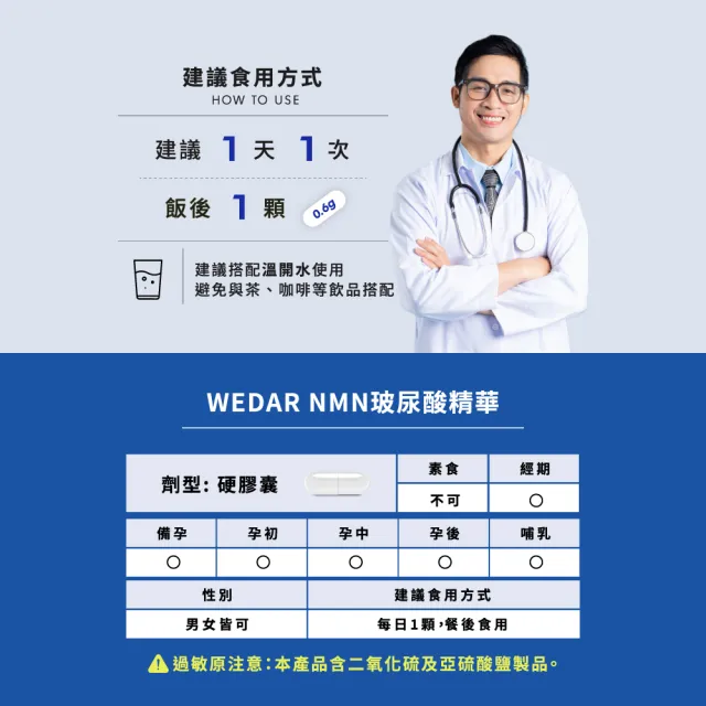 【Wedar 薇達】NMN玻尿酸精華3+1盒優惠組(30顆/盒)