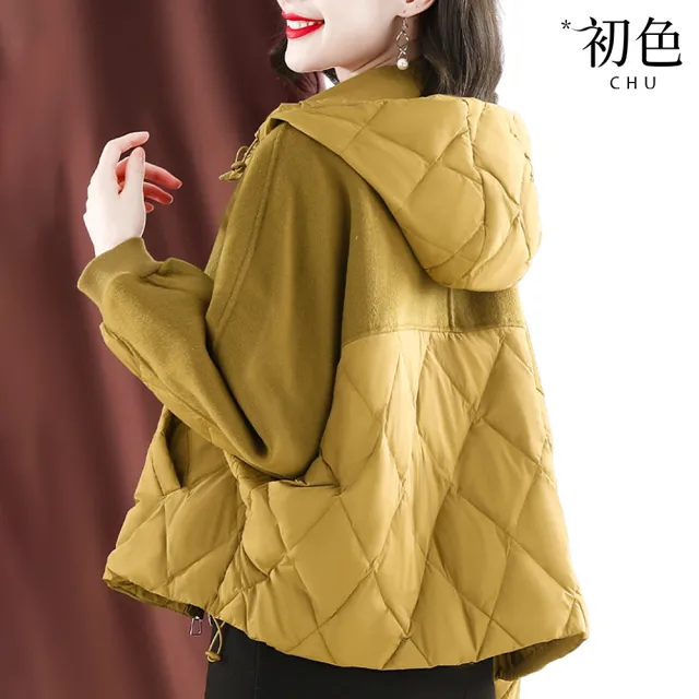 【初色】保暖短版蝙蝠袖連帽壓紋鋪棉外套-黃色-64756(M-2XL可選)