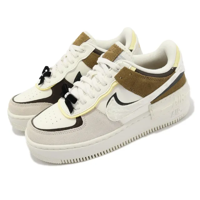 NIKE 耐吉】休閒鞋Wmns AF1 Shadow 女鞋白棕拼接蝴蝶結厚底雙勾焦糖瑪