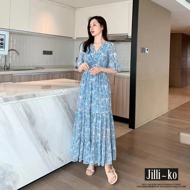 【JILLI-KO】V領海藍碎花縮腰顯瘦花瓣袖連衣裙-F(淺藍)