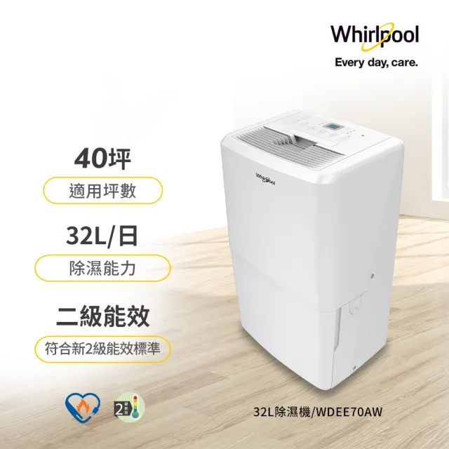 【Whirlpool 惠而浦】二級能效32公升節能除濕機(WDEE70AW)