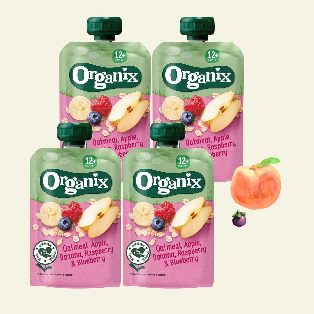 【Organix】燕麥纖泥-蘋果香蕉覆盆莓4入組(歐佳寶寶果泥 副食品 燕麥泥)