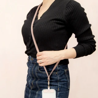 【Gramas】仕女皮革手機吊繩 / 掛繩 / 頸繩 - 玫瑰色(PU皮革 香檳金金屬配件 附手機夾片)