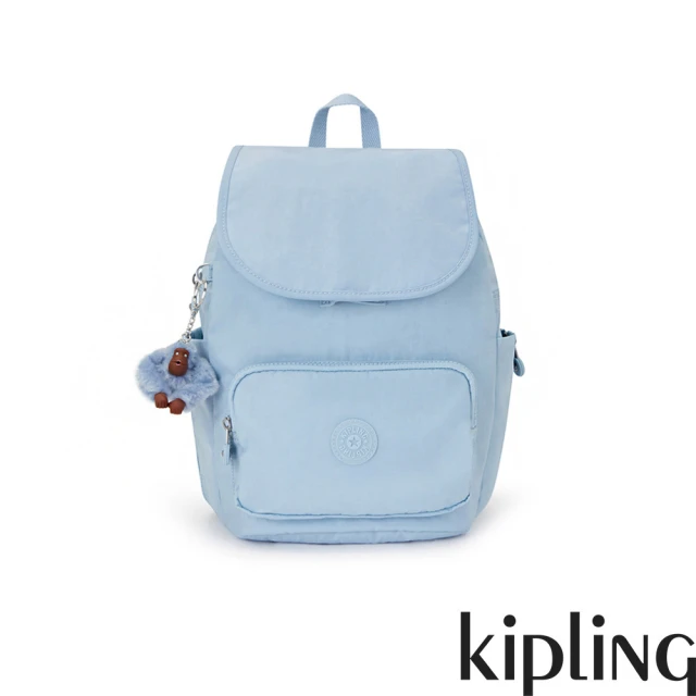 【KIPLING】淺蔥水藍色掀蓋式拉鍊後背包-CAYENNE S