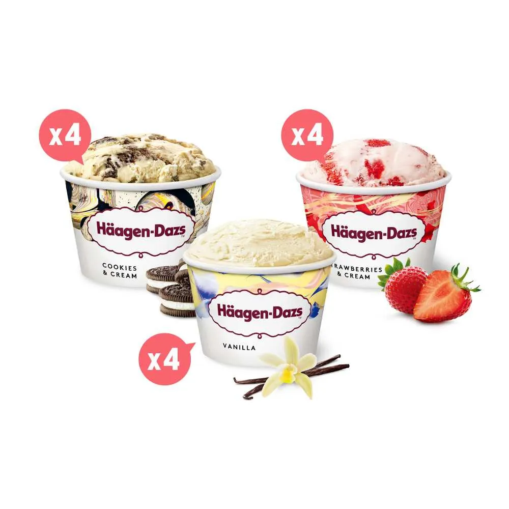 【Haagen-Dazs 哈根達斯】經典三重奏75ml迷你杯12入組(草莓/香草/淇淋巧酥各4)