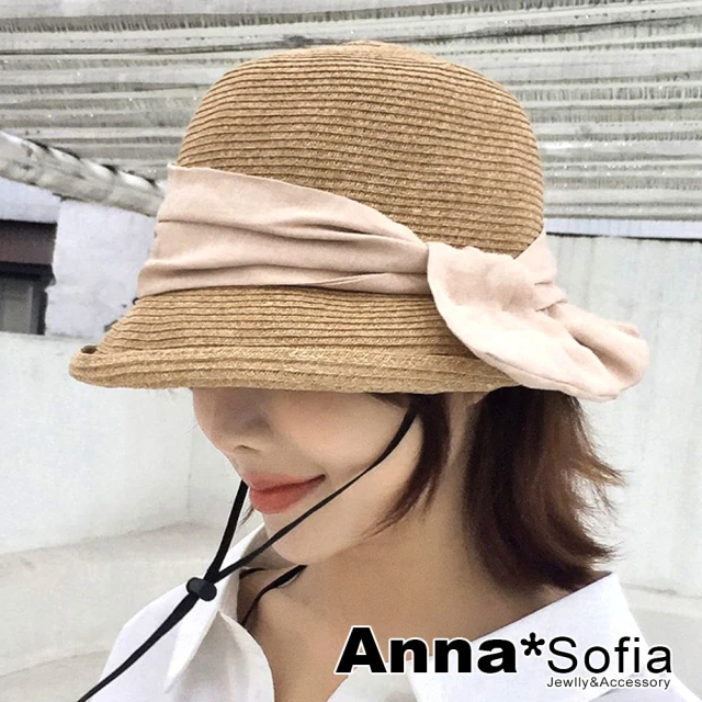 【AnnaSofia】防曬遮陽寬簷淑女草帽盆帽漁夫帽-日系綁結隱格布 小翻簷 現貨(杏綁帶系)