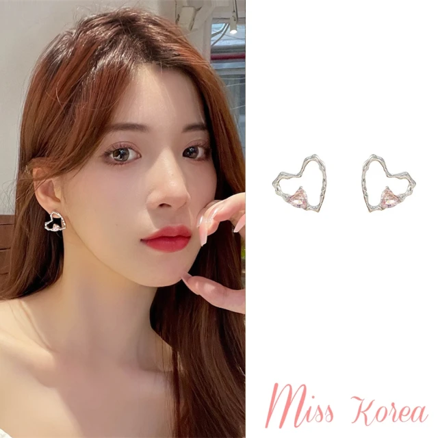 【MISS KOREA】韓國設計S925銀針浪漫粉色寶石愛心線條造型耳環(S925銀針耳環 寶石耳環 愛心耳環)