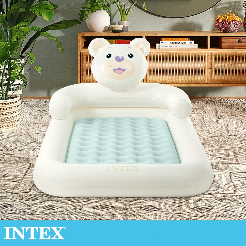 【INTEX】小熊防滾落兒童植絨充氣床-附手壓幫浦(66814)
