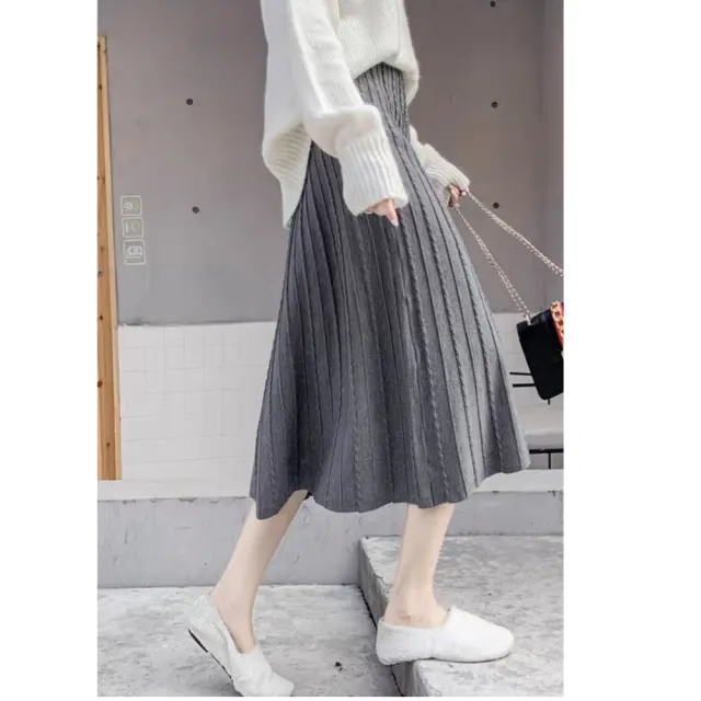 【buyer 白鵝】甜美 直紋麻花針織厚磅傘裙寬裙(米白/灰色)