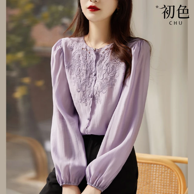 【初色】圓領刺繡燈籠袖素色襯衫上衣-共3色-67063(M-2XL可選)