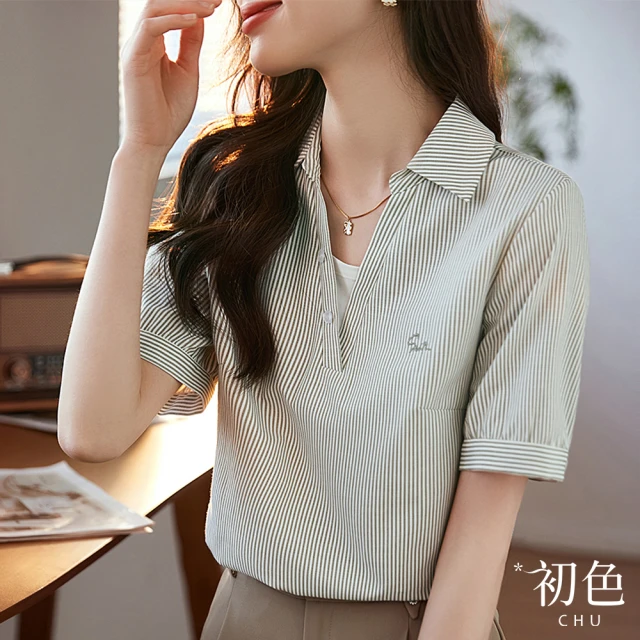 【初色】顯瘦短袖POLO領條紋襯衫上衣-灰綠色-67129(M-2XL可選)