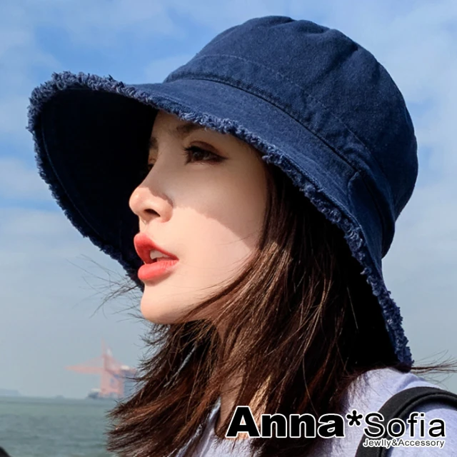 【AnnaSofia】純棉遮陽防曬寬簷漁夫帽盆帽-日式原宿毛邊 現貨(深藍系)