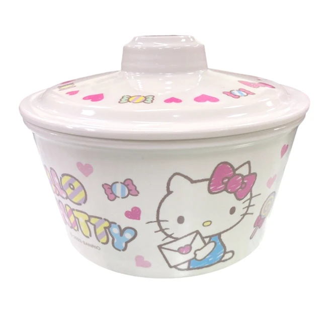 【小禮堂】Hello Kitty 美耐皿單耳泡麵碗附蓋 800ml - 白情書款(平輸品)