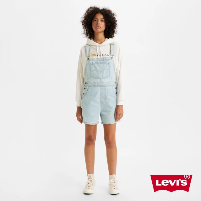 【LEVIS】Silver Tab銀標系列 女款 吊帶牛仔短褲 / 精工作舊石洗 / 鈕扣穿脫 人氣新品