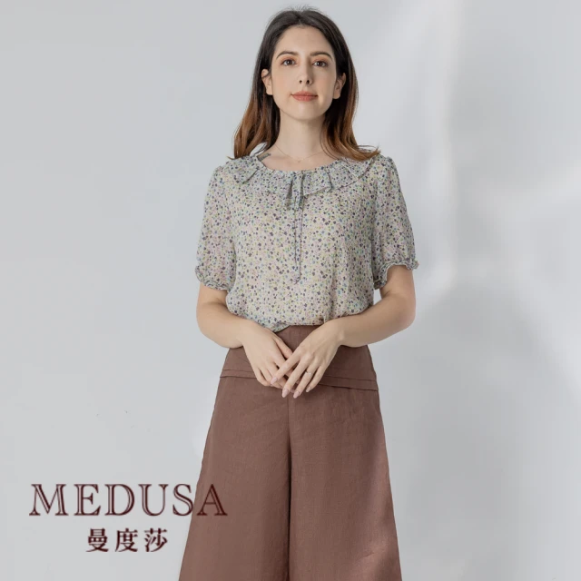 【MEDUSA 曼度莎】現貨-紫藍小碎花雪紡上衣（M-2L）｜女上衣 短袖上衣 加大尺碼(101-71401)