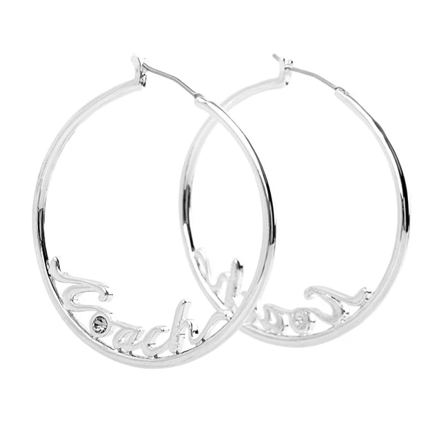 【COACH】草寫標誌及玻璃水晶圓圈針式耳環(銀色)