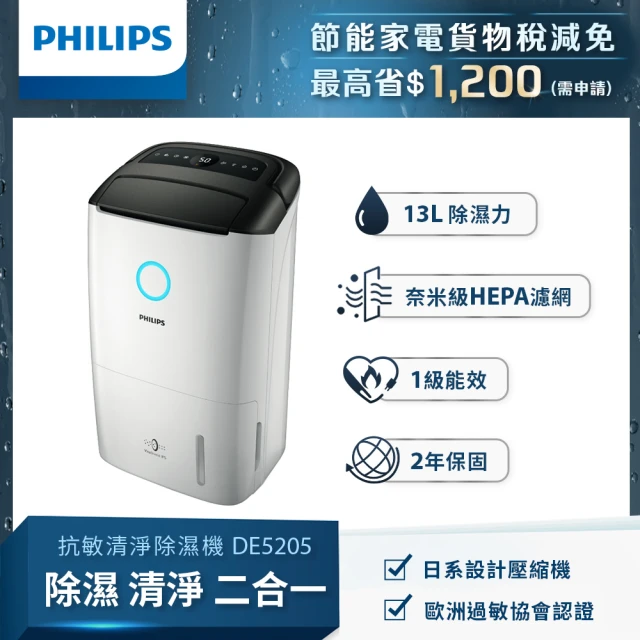 【Philips飛利浦】13公升一級能效清淨除濕機★享政府貨物稅減免1200(DE5205/81)