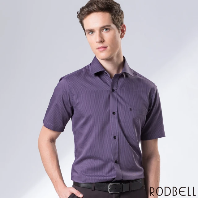 【RODBELL 羅德貝爾】灰紫條紋棉質短袖修身襯衫(舒適透氣、棉、聚酯纖維、修身襯衫)