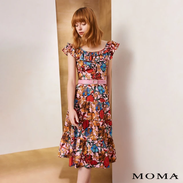 【MOMA】熱帶花卉荷葉彈力領上衣(粉色)