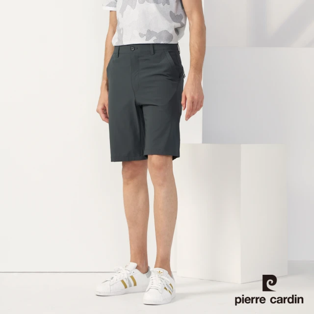 【pierre cardin 皮爾卡登】商務休閒 男款 彈性平口休閒短褲-墨綠色(5237962-48)