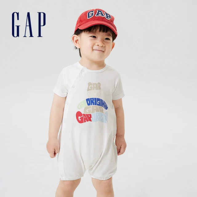 【GAP】嬰兒 Logo純棉印花短袖包屁衣/連身衣-白色(671414)