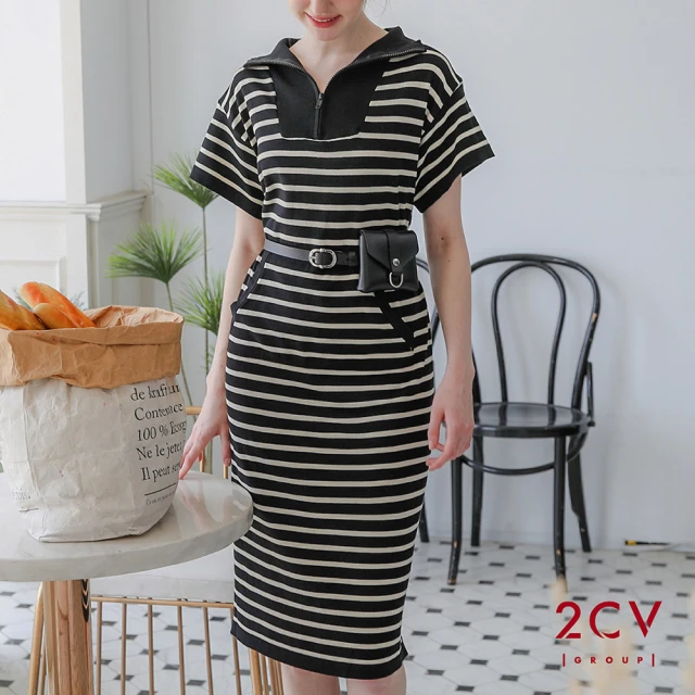 【2CV】現貨拉鍊造型條紋針織短袖洋裝-兩色NF029(MOMO獨家販售)