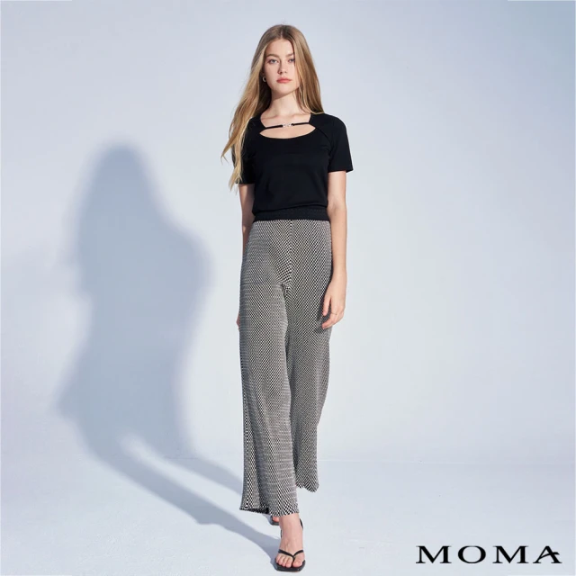 MOMA【MOMA】高訂壓褶細格寬鬆感長褲(黑色)