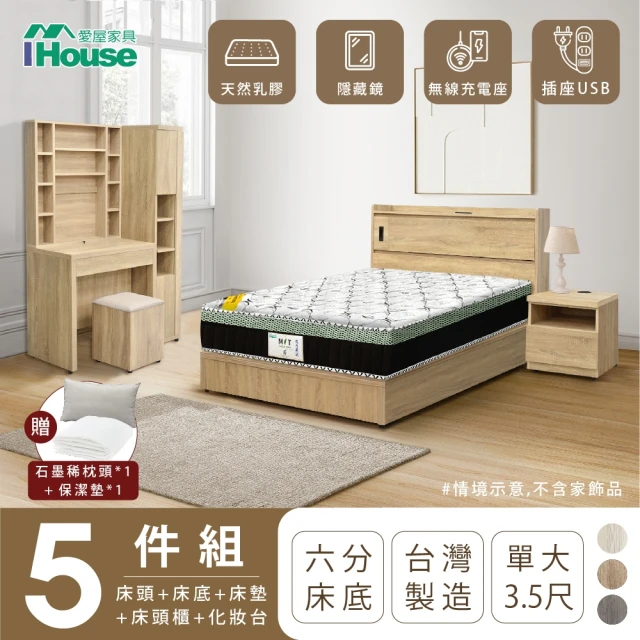 【IHouse】品田 房間5件組 單大3.5尺(床頭箱+6分底+床墊+床頭櫃+鏡台含椅)