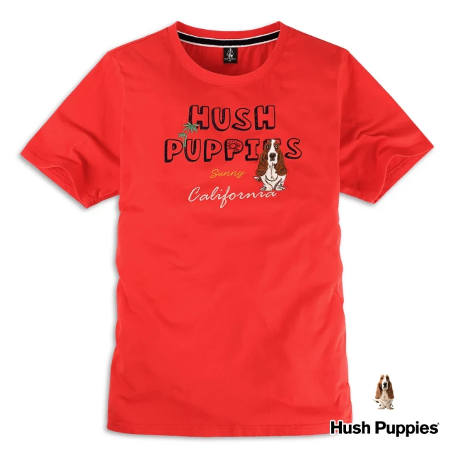 【Hush Puppies】男裝 T恤 立體感植絨印花文字刺繡狗短袖T恤(紅色 / 33111204)