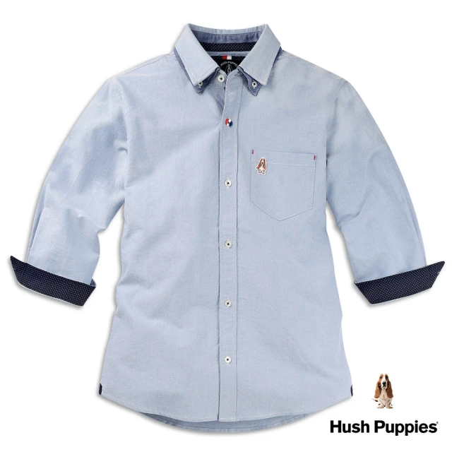 【Hush Puppies】男裝 襯衫 典雅雙層領素色七分袖襯衫(淺藍 / 33112107)