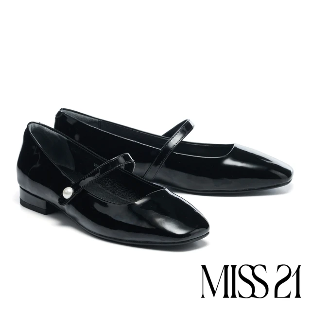 MISS 21MISS 21 時髦質感漆皮珍珠繫帶方頭瑪莉珍低跟鞋(黑)