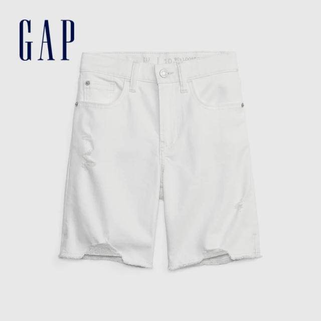 【GAP】女童 刷破直筒牛仔短褲-白色(601038)