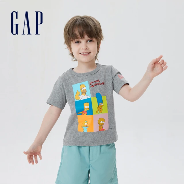 GAP 男幼童 Gap x 辛普森家庭聯名 Logo純棉印花圓領短袖T恤-灰色(659067)