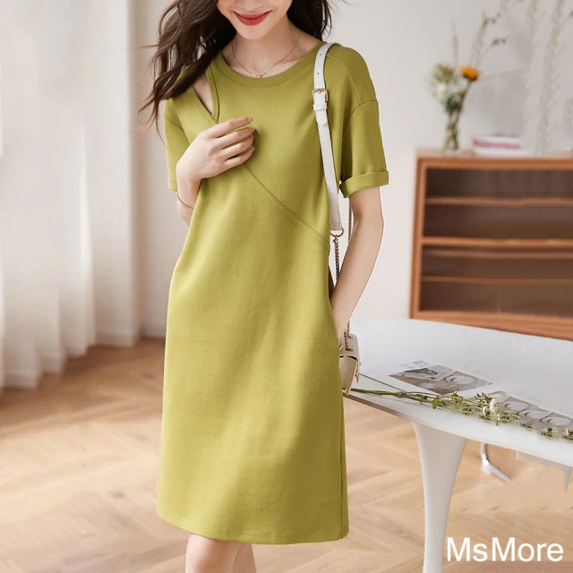 MsMoreMsMore 鏤空黃綠圓領連身裙時尚氣質百搭鐘長版短袖洋裝#118164(黃)