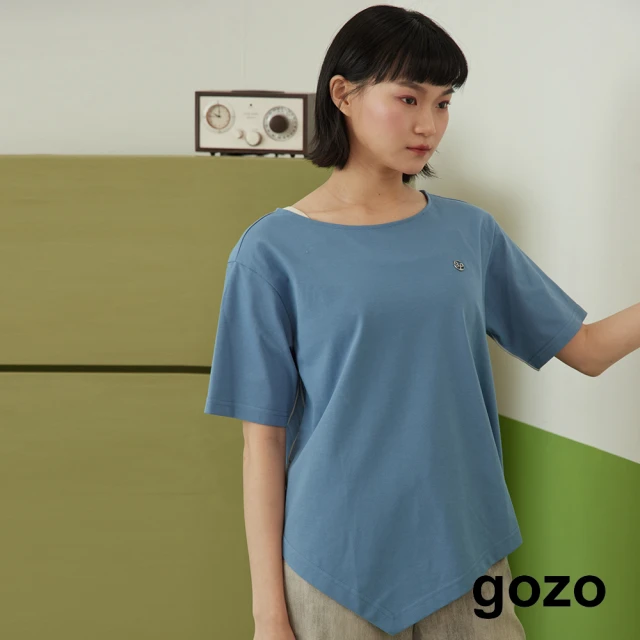 gozo gozo金屬標不規則下擺五分袖T恤(藍色)