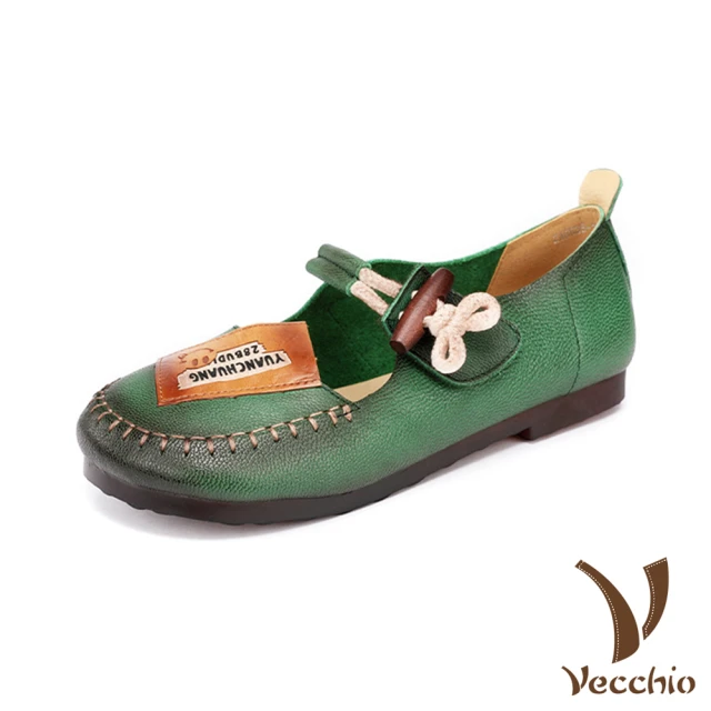 Vecchio 真皮休閒鞋 低跟休閒鞋/全真皮頭層牛皮復古縫線個性貼牌造型低跟休閒鞋(綠)