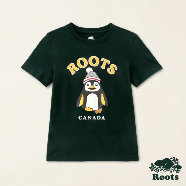 Roots Roots大童-動物派對系列 毛帽企鵝純棉短袖T恤(深綠色)