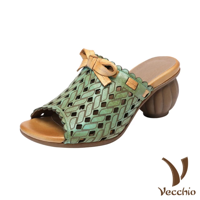 VecchioVecchio 真皮拖鞋 粗跟拖鞋/全真皮頭層牛皮菱格縷空蝴蝶結花邊氣質粗跟拖鞋(綠)