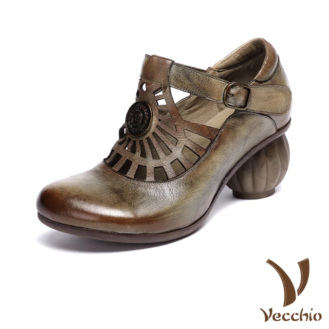 VecchioVecchio 真皮跟鞋 高跟跟鞋/全真皮頭層牛皮手工擦色創意縷空圖樣繫帶高跟鞋(灰駝)