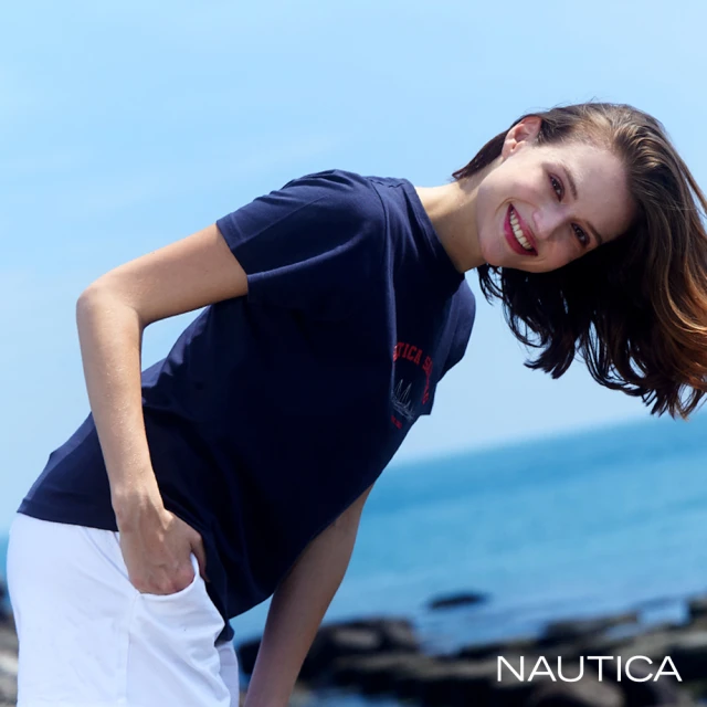 NAUTICA 女裝 修身帆船圖騰印花短袖T恤(深藍)