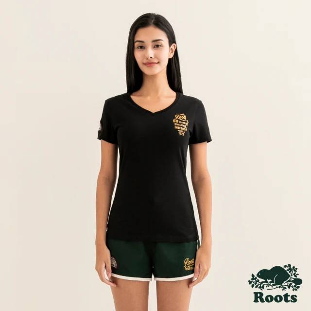 RootsRoots Roots女裝-#Roots50系列 光芒50有機棉V領修身短袖T恤(黑色)
