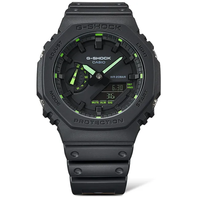 CASIO 卡西歐 G-SHOCK 霓虹綠 農家橡樹 耐衝擊八角雙顯電子錶(GA-2100-1A3)