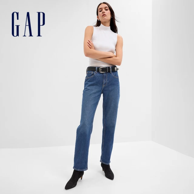 GAP 女裝 高腰寬鬆直筒牛仔褲-深藍色(745054)